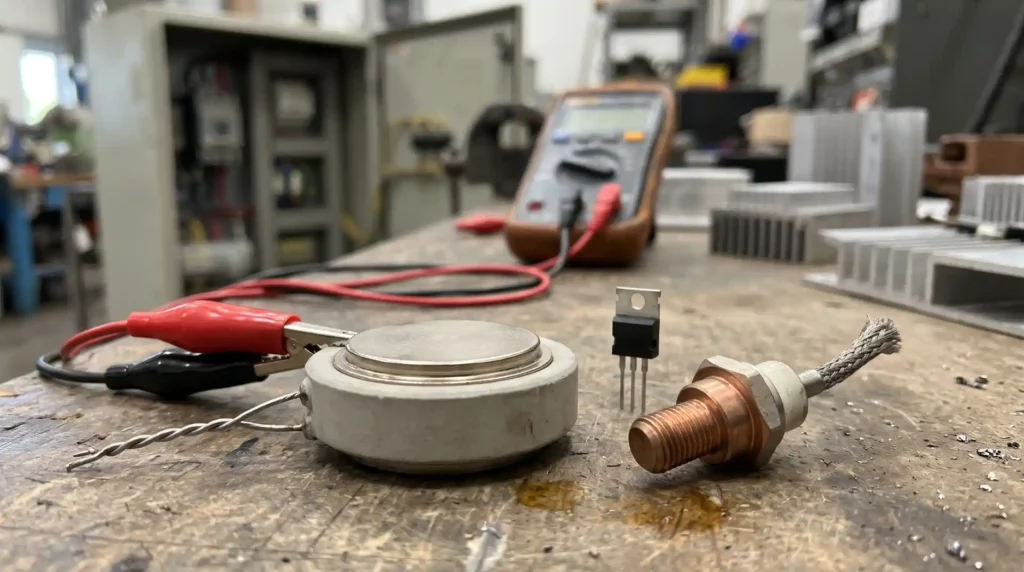 tester un thyristor au multimètre, thyristor HS, thyristor en court-circuit, test thyristor, valeur gâchette cathode, courant de maintien, tester un thyristor press-pack