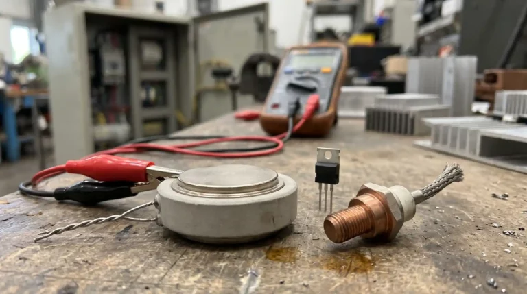 Thyristor de puissance press-pack relié à un multimètre sur un établi de maintenance